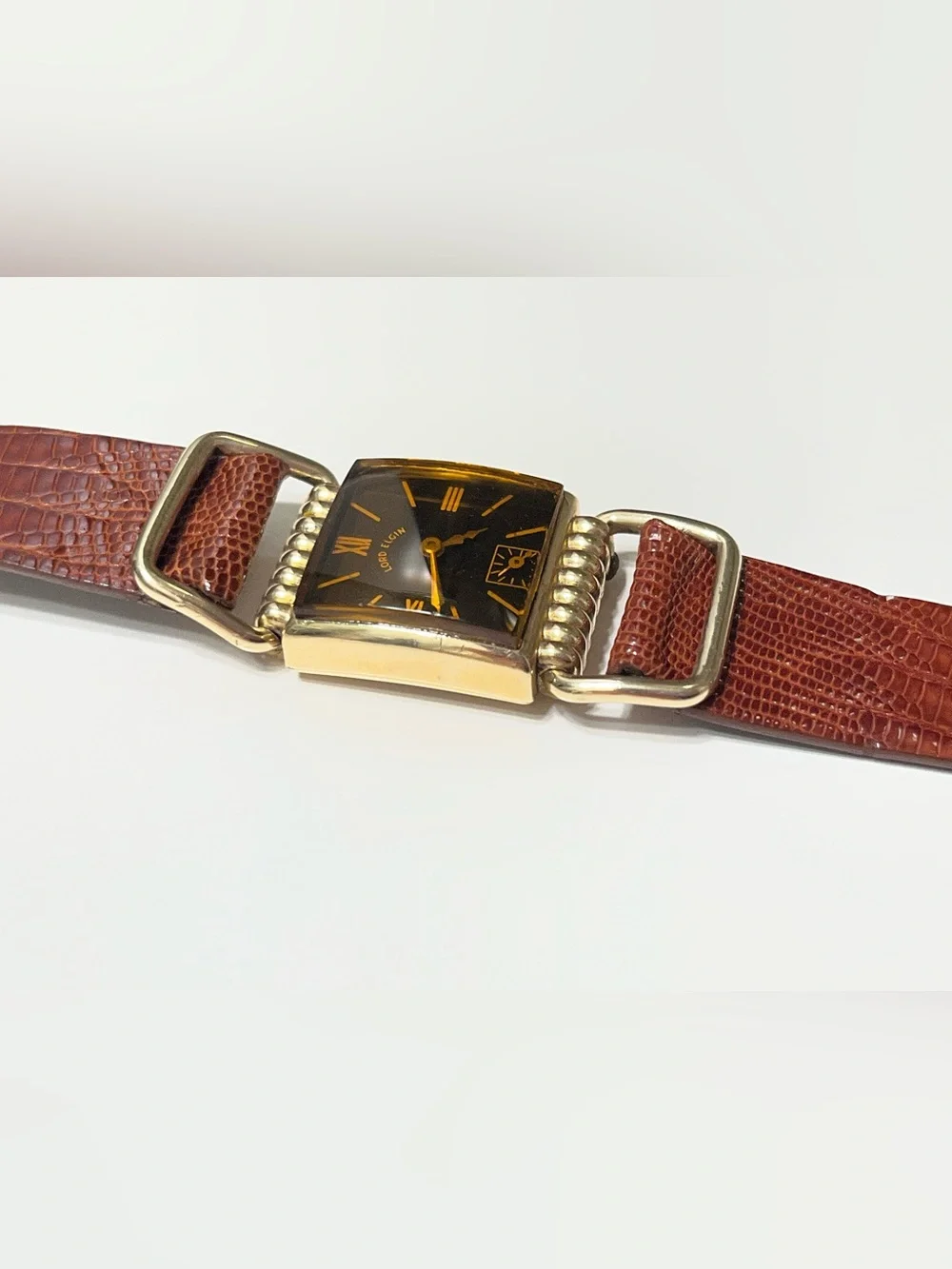Lord Elgin Black and Gold Watch with Brown Leather Strap